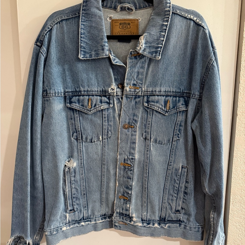 Distressed Route 66 Classic Vintage Denim Jacket